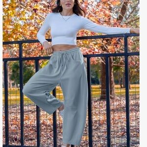 Barrel style Wide-Leg Drawstring Pants in Light Blue-Gray